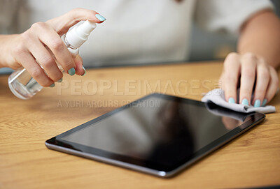 Buy stock photo Hand, spray tablet and cloth for screen, dust or dirt with shine on glass, hygiene or disinfection in home. Woman, digital touchscreen and fabric, chemical or sanitation for bacteria, virus or health