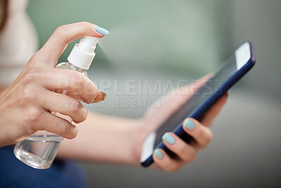 Buy stock photo Woman, hand and clean phone screen for hygiene bacteria, dust wellness or virus safety. Female person, mobile device and cloth for disinfection from germs or surface sanitizer, protection or risk