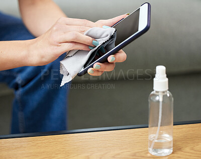 Buy stock photo Woman, hand and clean phone screen or wipe hygiene bacteria, dust wellness or virus safety. Female person, mobile device and cloth for disinfection from germs or surface sanitizer, protection or risk