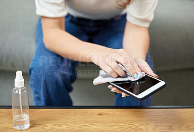 Buy stock photo Woman, hand and clean phone screen or disinfection wipe for hygiene bacteria, dust wellness or safety. Female person, mobile device and cloth for germs or surface sanitizer, protection or dirt risk