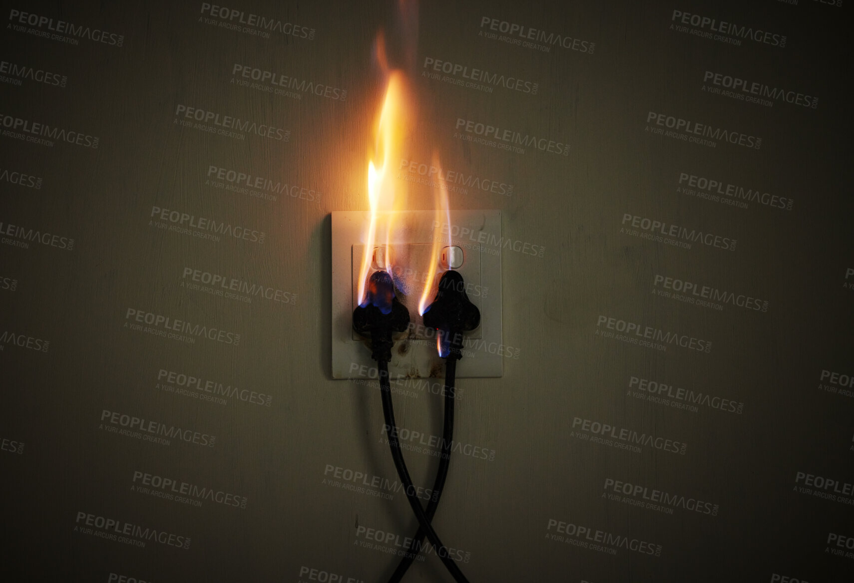 Buy stock photo Wall, cables and electrical fire on a plug socket in studio on a dark background for safety. Danger, smoke and power with risk of flame on an outlet for electricity in the circuit of a home closeup