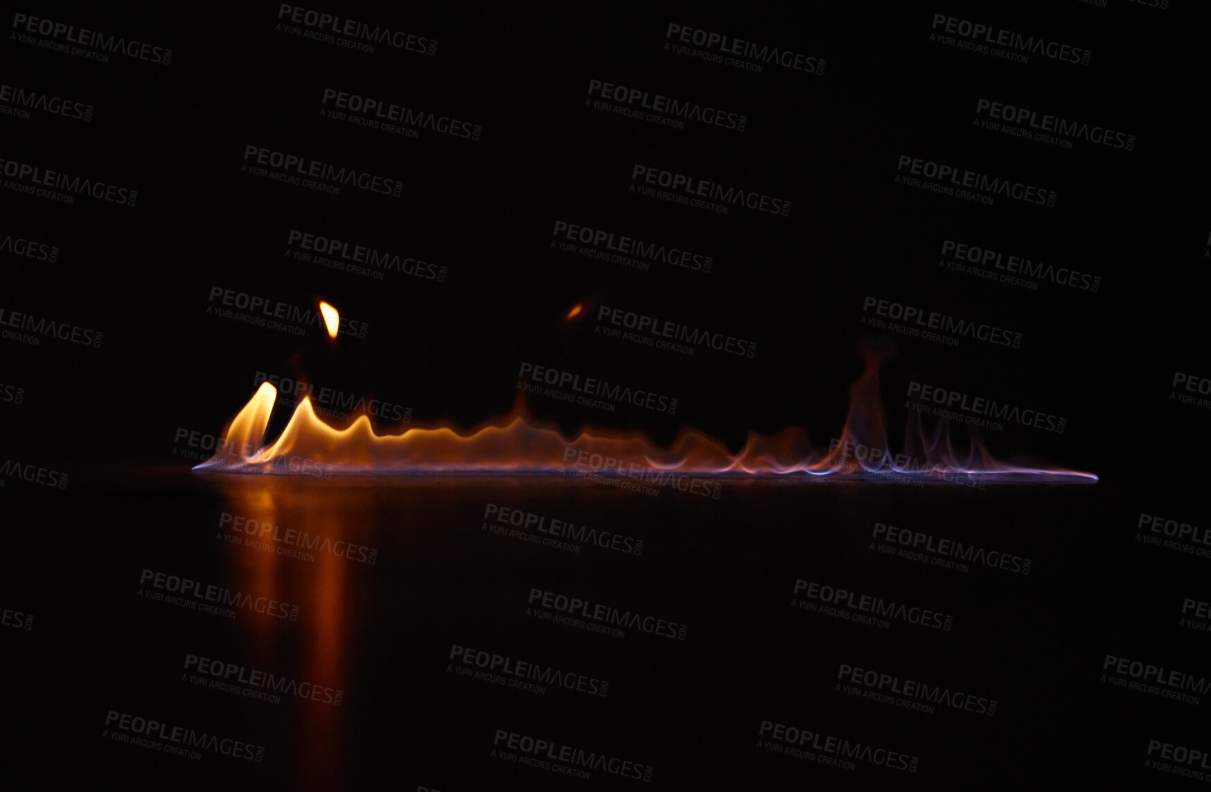 Buy stock photo Flame, heat and gas fire with black background with sparks, smoke and light from burning in studio. Fuel, flare and glow from thermal power and art in the dark with creativity and inferno with burn