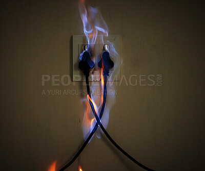 Buy stock photo Danger, cables and electrical fire on a plug socket in studio on a dark background for safety. Wall, smoke and power with risk of flame on an outlet for electricity in the circuit of a home closeup