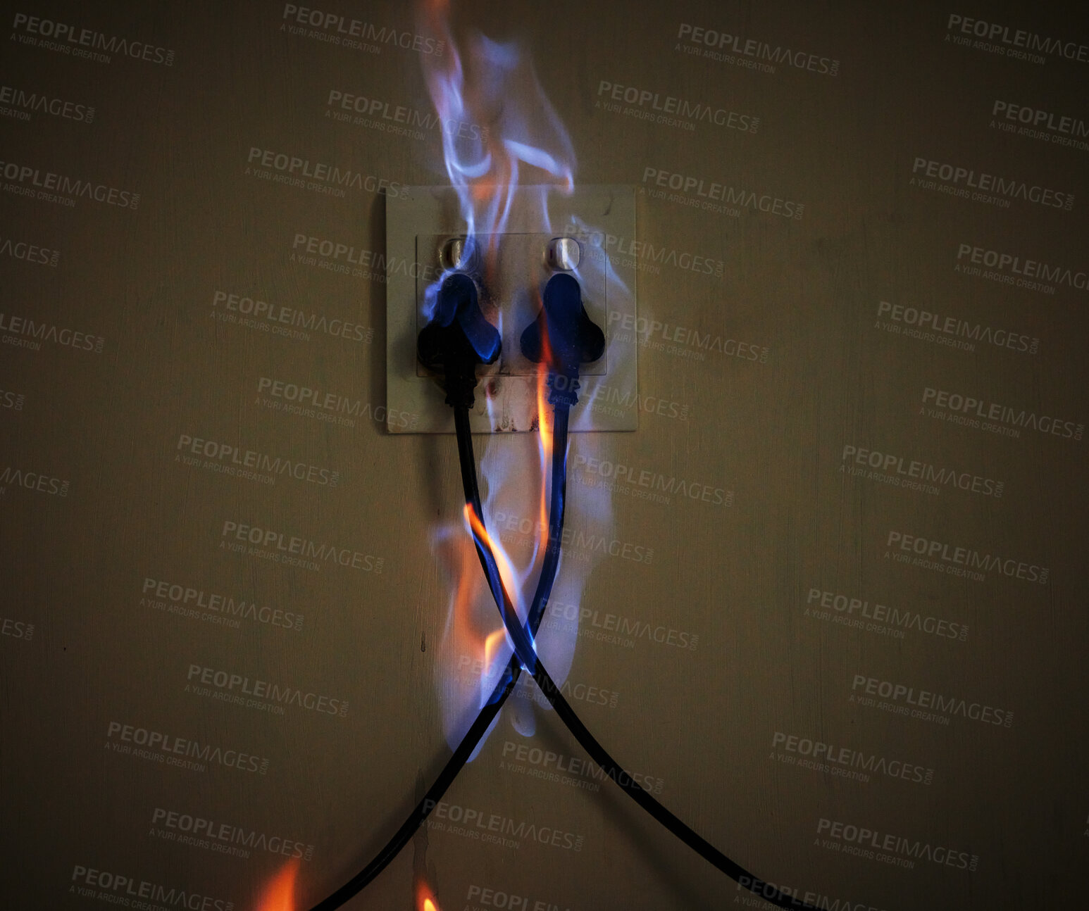 Buy stock photo Danger, cables and electrical fire on a plug socket in studio on a dark background for safety. Wall, smoke and power with risk of flame on an outlet for electricity in the circuit of a home closeup