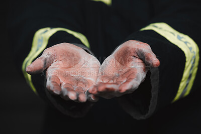 Buy stock photo Help, service and the dirty hands of a firefighter closeup on a dark background for safety or rescue. Ash, dust and the palms of an emergency person in uniform on the scene of an accident or mistake