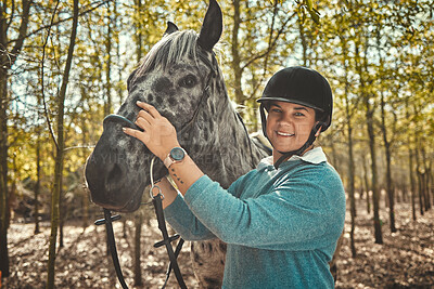 Portrait of woman with horse in forest, smile and pride for competition, race or dressage with trees. Equestrian sport, face of jockey or rider with animal in woods for adventure, training and care.