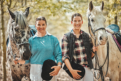 Smile, nature and portrait of women with horses in forest training for race, competition or event. Happy, animal and young female people with stallion pets outdoor in woods for equestrian practice.