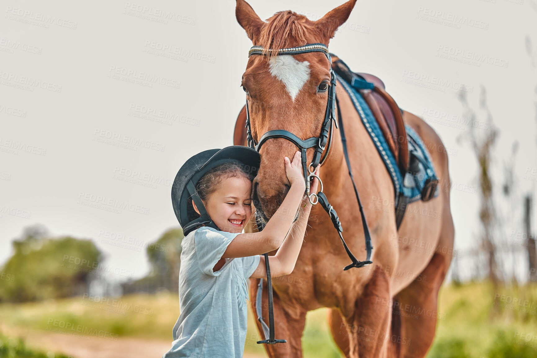 Buy stock photo Kid, horse and smile in nature with love, adventure and care with animal, bonding together and relax on farm. Ranch, kid and pet with childhood, freedom or countryside with happiness, stallion or joy