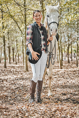 Portrait of happy woman with horse standing in forest, nature and love for animals, pets or dressage with trees. Equestrian sport, jockey or rider in woods for adventure, pride and smile on face.