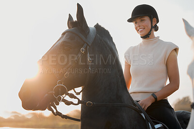 Horse riding, smile and woman in countryside at sunset outdoor for freedom. Equestrian, girl and happy person with animal in field, nature and adventure to travel, journey and vacation in summer.