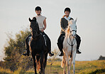 Horse ride, woman friends and countryside portrait with animal, calm and freedom on holiday and travel. Equestrian, people and field trip with pet in nature on vacation with rider outdoor on ranch