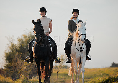 Horse ride, woman friends and countryside portrait with animal, calm and freedom on holiday and travel. Equestrian, people and field trip with pet in nature on vacation with rider outdoor on ranch