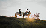 Horse riding, sunset or hobby with friends the countryside on horseback looking at the view during a summer morning. Nature, equestrian and female riders outdoor together for travel fun or adventure