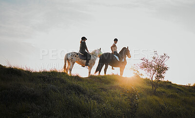 Buy stock photo Horse riding, sunset or hobby with friends the countryside on horseback looking at the view during a summer morning. Nature, equestrian and female riders outdoor together for travel fun or adventure