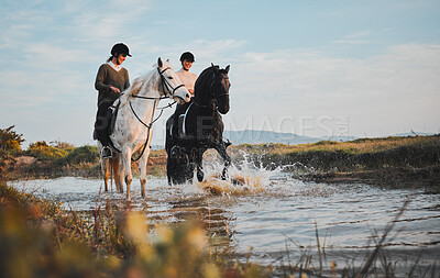 Horse riding, friends and women at lake in countryside with outdoor mockup space. Equestrian, happy girls and animals in water, nature and adventure, travel and journey for summer vacation together.
