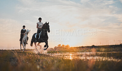 Horse riding, friends and girls in countryside at sunset with outdoor mockup space. Equestrian, happy women and animals in water, nature and adventure to travel, journey and summer vacation together.