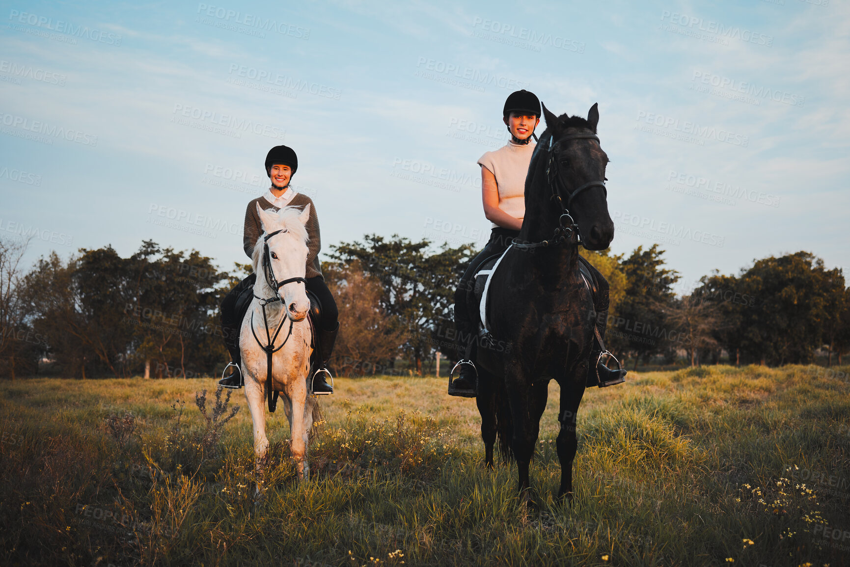 Buy stock photo Horse ride, friends and countryside with animal, sunset and freedom on holiday and travel. Equestrian, people and field trip with pet in nature on vacation with rider in a meadow or ranch outdoor