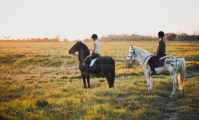 Horse riding, friends and women in countryside at sunset with outdoor mockup space. Equestrian, girls and animals in field, nature and adventure, travel and journey with pet for vacation in summer.