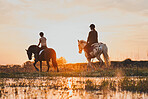 Horseback, women and friends by lake in countryside at sunset with outdoor mockup space. Equestrian, girls and animals in water, nature and adventure to travel, journey or summer vacation together