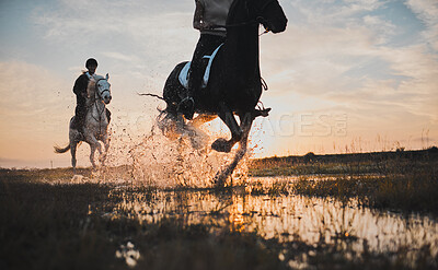 Horse riding, friends and women in countryside at sunset with outdoor mockup space. Equestrian, happy girls and animals in water, nature and adventure to travel, journey and summer vacation together.