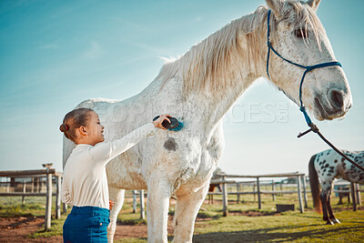 Smile, brush and horse with girl on countryside for riding, equestrian and affectionate. Pet, pasture and champion stallion with child jockey and animal on nature ranch for relax, travel or weekend