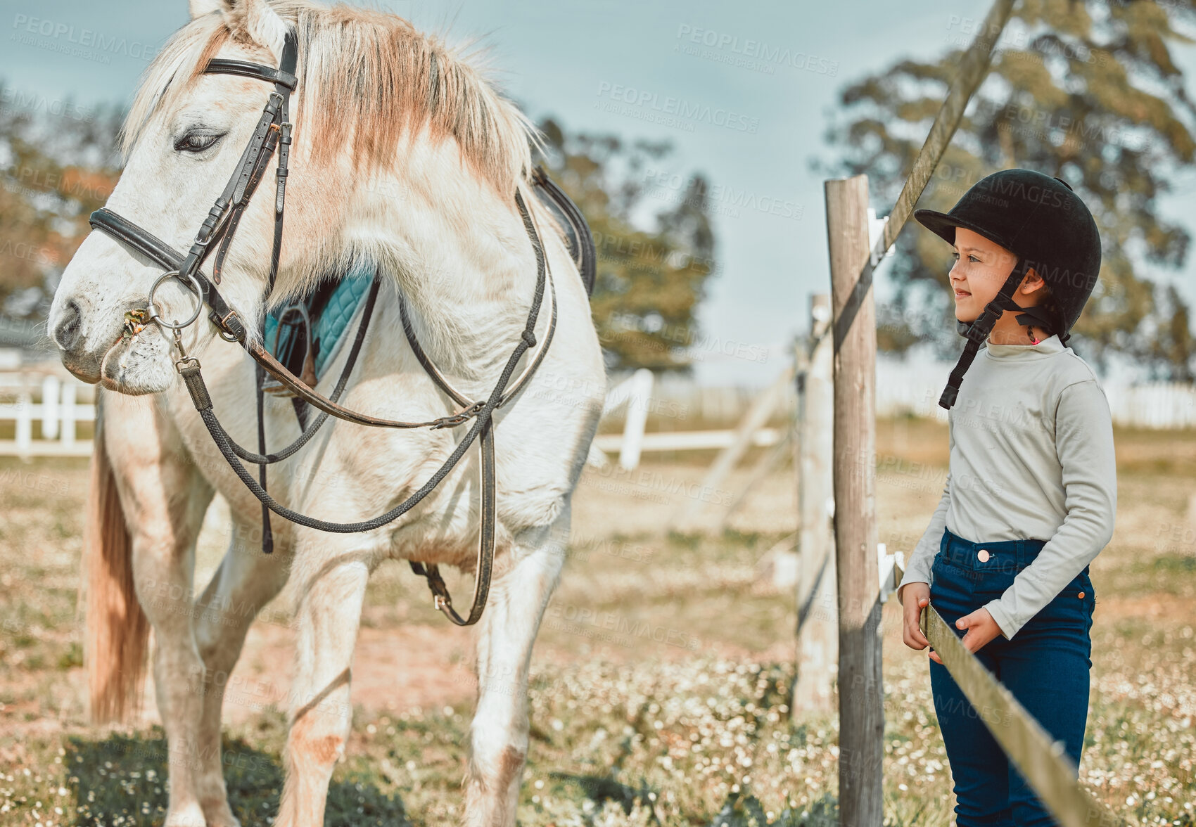 Buy stock photo Love, girl and horse in field, countryside and bonding for hobby, summer vacation and training. Female child, kid or pet with hat, practice for competition or in field for freedom, stallion and happy