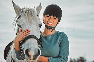 Smile, horse and relax with portrait of woman in countryside for adventure, race and embrace. Happy, care and equestrian with girl jockey and pet and affection on ranch for travel, therapy or animal