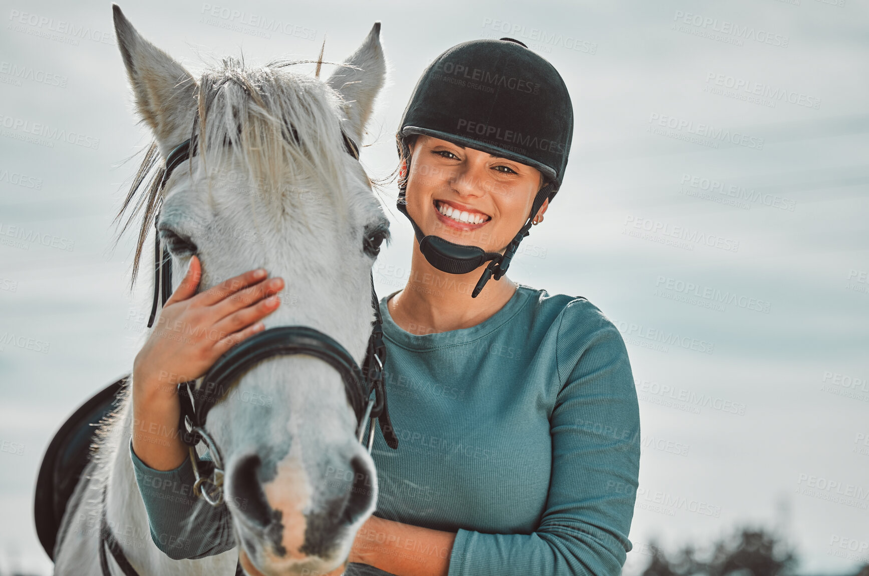 Buy stock photo Smile, horse and relax with portrait of woman in countryside for adventure, race and embrace. Happy, care and equestrian with girl jockey and pet and affection on ranch for travel, therapy or animal