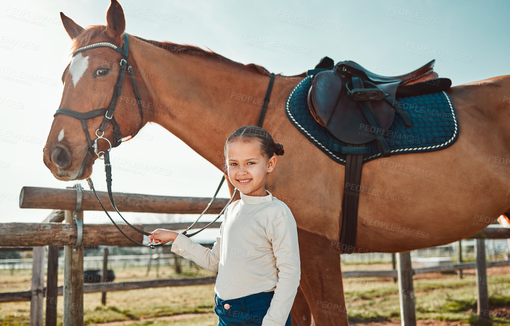 Buy stock photo Horse, smile and portrait of girl in countryside for equestrian race, riding and happy in nature. Smile, young and care with child jockey and pet on animal ranch for adventure, peace and freedom