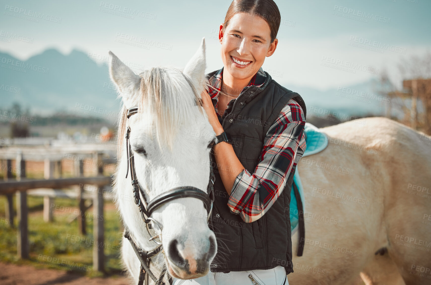 Buy stock photo Portrait, horse and woman with pet at ranch, bonding and animal care in the countryside outdoors. Pets, equestrian and horseback rider or smile of happy female with white stallion on farm outside.