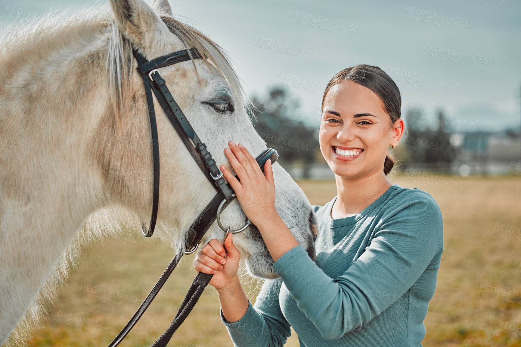 Buy stock photo Pet, horse and smile with portrait of woman in countryside for adventure, race or embrace. Relax, care and equestrian with girl jockey and affection with animal on ranch for travel, therapy or nature