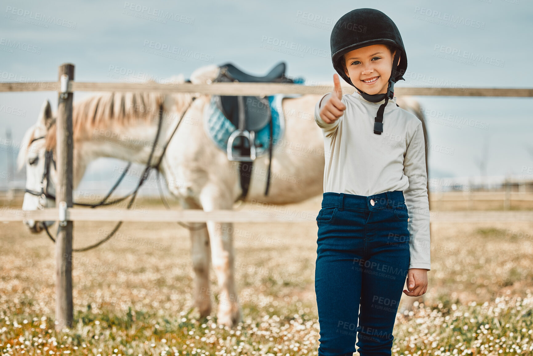 Buy stock photo Happy, thumbs up and horse with portrait of girl in countryside for approval, equestrian and adventure. Winner, goals and smile with child jockey on animal ranch for pet care, pasture and leisure