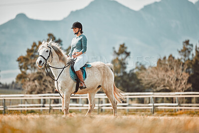 Horse riding, woman equestrian and countryside with mockup and person ready for farm training. Countryside, pet horses and outdoor sport with ranch animal in nature with mock up, mountains and grass