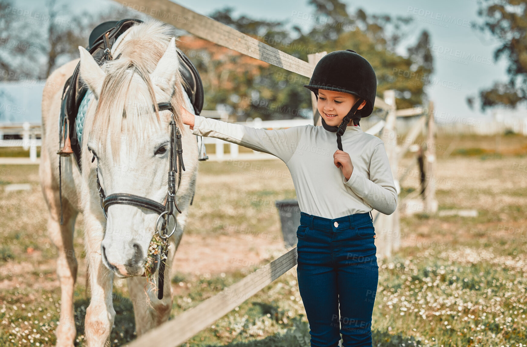 Buy stock photo Smile, horse and girl on countryside for riding, equestrian or sustainable farm. Pet, pasture and stallion with child jockey, animal trust and nature at ranch, field or grass for outdoor sports hobby