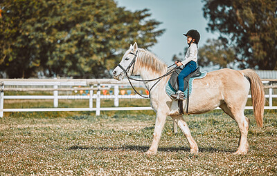 Horse riding, child equestrian and countryside with mockup and girl ready for sports training. Countryside, pet horses and outdoor sport with ranch animal in nature with mock up, mountains and grass