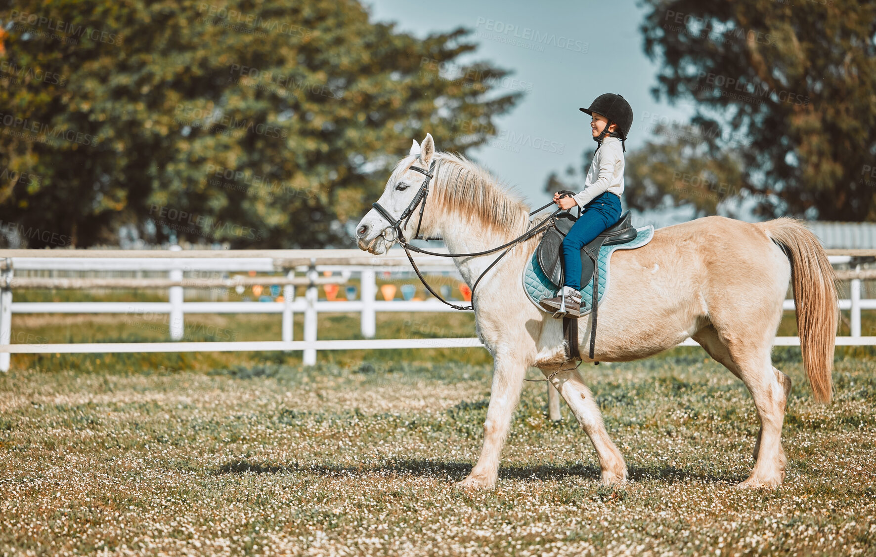 Buy stock photo Horse riding, child equestrian and countryside with mockup and girl ready for sports training. Countryside, pet horses and outdoor sport with ranch animal in nature with mock up, mountains and grass