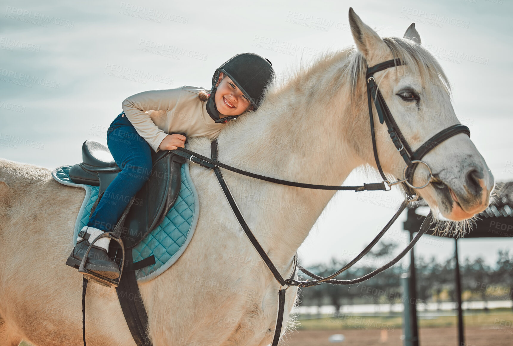 Buy stock photo Horse riding, young equestrian and portrait of a girl on a animal in the countryside. Farm, summer and horses training outdoor on farming field with a happy kid smile learning to ride for sport