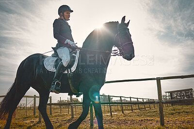 Buy stock photo Woman, equestrian, pet horse ride and mockup in nature on countryside grass field. Animal training, young jockey and farm of a rider and athlete with mock up outdoor doing saddle sports with horses