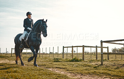 Buy stock photo Woman, equestrian, horse ride and mockup in nature in countryside and grass field. Animal training, young jockey and farm of a rider and athlete with mock up outdoor doing saddle sports with horses