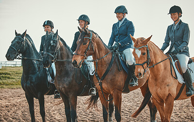 Equestrian, horse riding group and sport, women outdoor in countryside with rider or jockey, recreation and lifestyle. Animal, sports and fitness with athlete, competition with healthy hobby