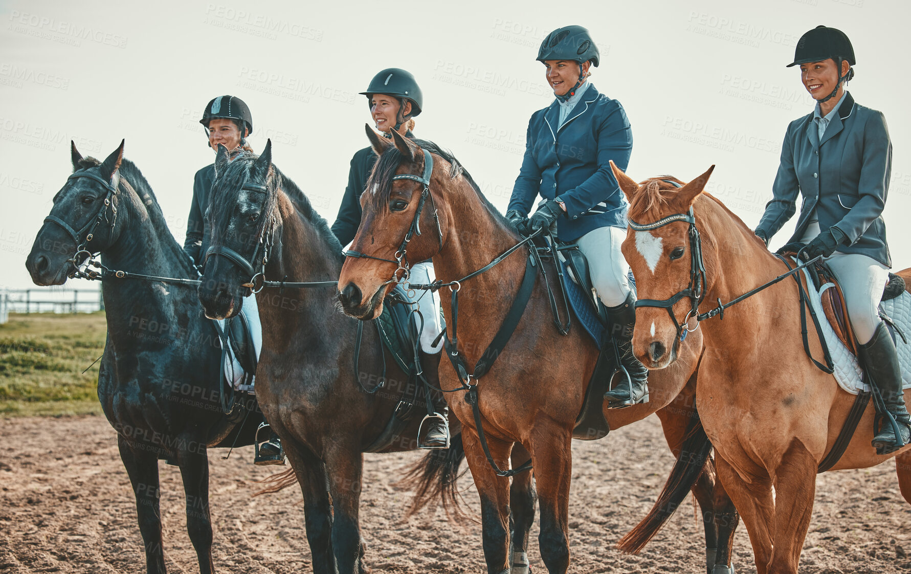 Buy stock photo Equestrian, horse riding group and sport, women outdoor in countryside with rider or jockey, recreation and lifestyle. Animal, sports and fitness with athlete, competition with healthy hobby