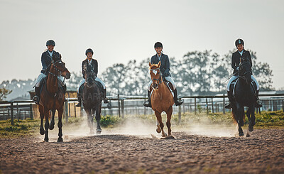 Buy stock photo Equestrian, horse riding group and sports, women outdoor in countryside with rider or jockey, recreation and action. Animal, sport and fitness with athlete, competition with healthy lifestyle