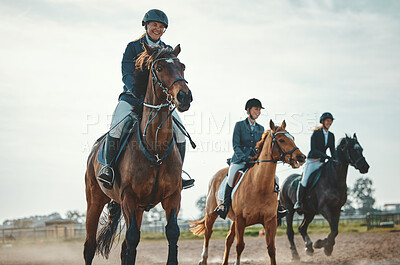 Buy stock photo Equestrian, horse riding and sport, women in countryside outdoor with rider or jockey, recreation and speed. Animal, sports and fitness with athlete, group and competition with healthy lifestyle