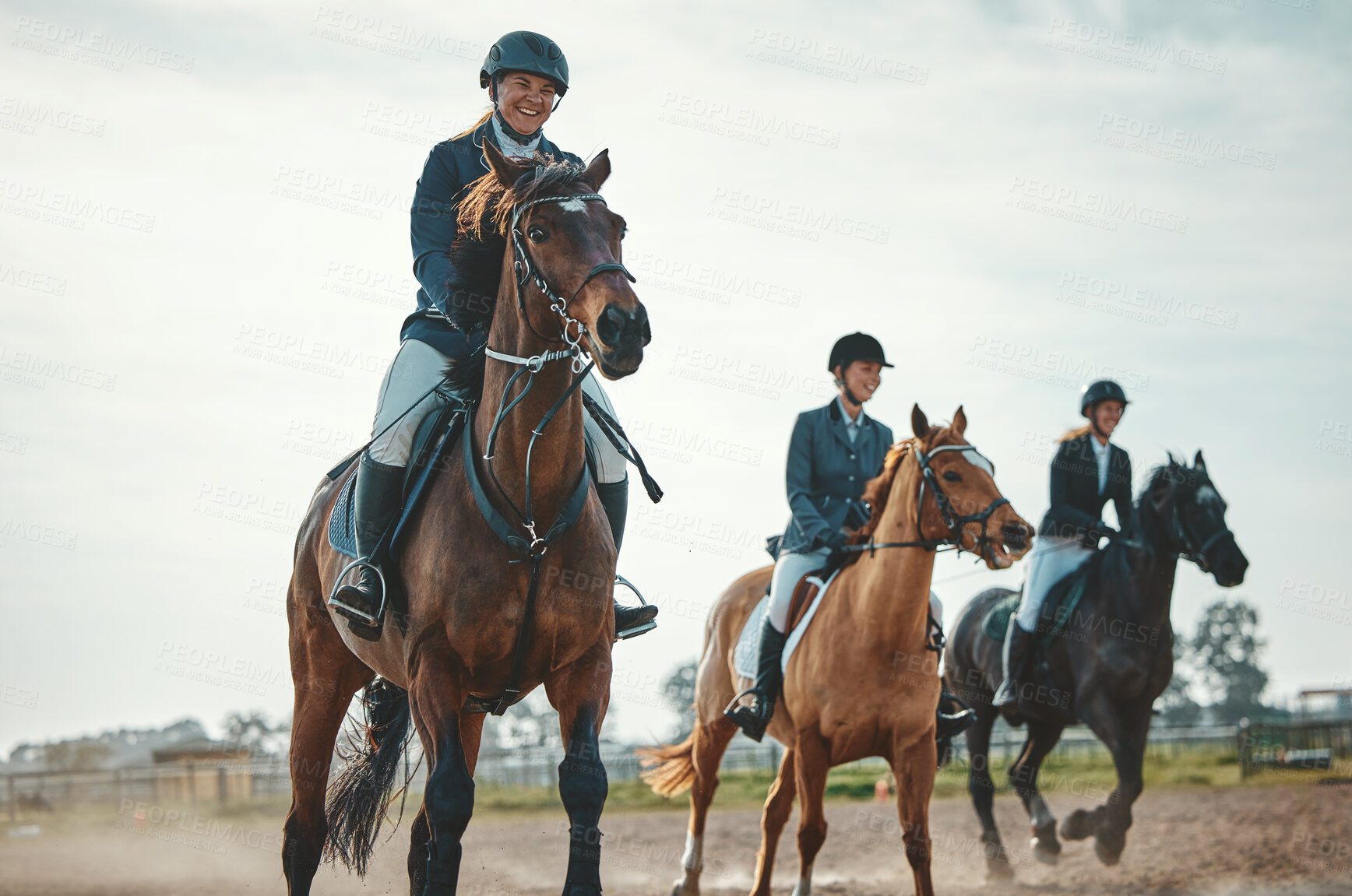 Buy stock photo Equestrian, horse riding and sport, women in countryside outdoor with rider or jockey, recreation and speed. Animal, sports and fitness with athlete, group and competition with healthy lifestyle