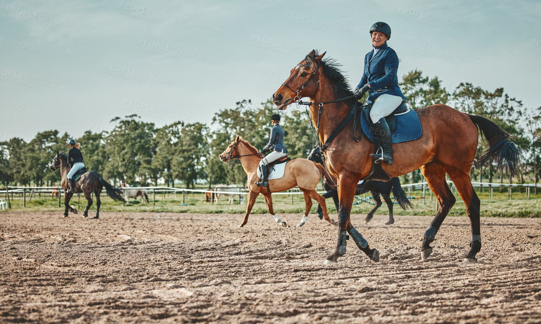 Buy stock photo Woman, horse and race with ride, space and mockup with portrait, smile and outdoor sports in nature. Equestrian, riding and smile for sport with helmet, safety and happiness for fitness with mock up