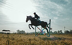 Woman on horse, jumping and equestrian sports practice for competition with blue cloudy sky on ranch. Training jump, jockey or rider on animal for racing on obstacle course, dressage or hurdle race.