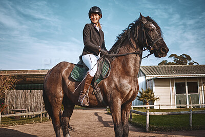 Buy stock photo Equestrian, hobby and portrait of woman on horse for a ride, recreation and lessons on a farm. Sports, exercise and girl doing horseback riding for a competition, learning or training in countryside