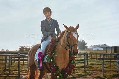 Buy stock photo Winner, sports and portrait of woman on horse for a show, recreation and lessons on a farm. Equestrian, award and girl doing horseback riding for a competition, learning or training in countryside