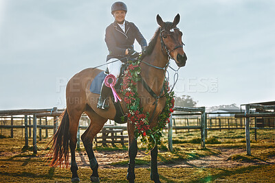 Buy stock photo Woman, equestrian winner portrait and pet horse in green countryside and field. Animal, young jockey win an award at competition or show of a rider and athlete with outdoor with sports with horses
