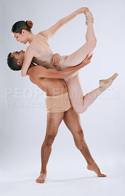 Ballet dancing couple, studio background and lift, balance and art movement with beauty in training. Professional dancer team, performance and man with woman in class with fitness, focus and concert